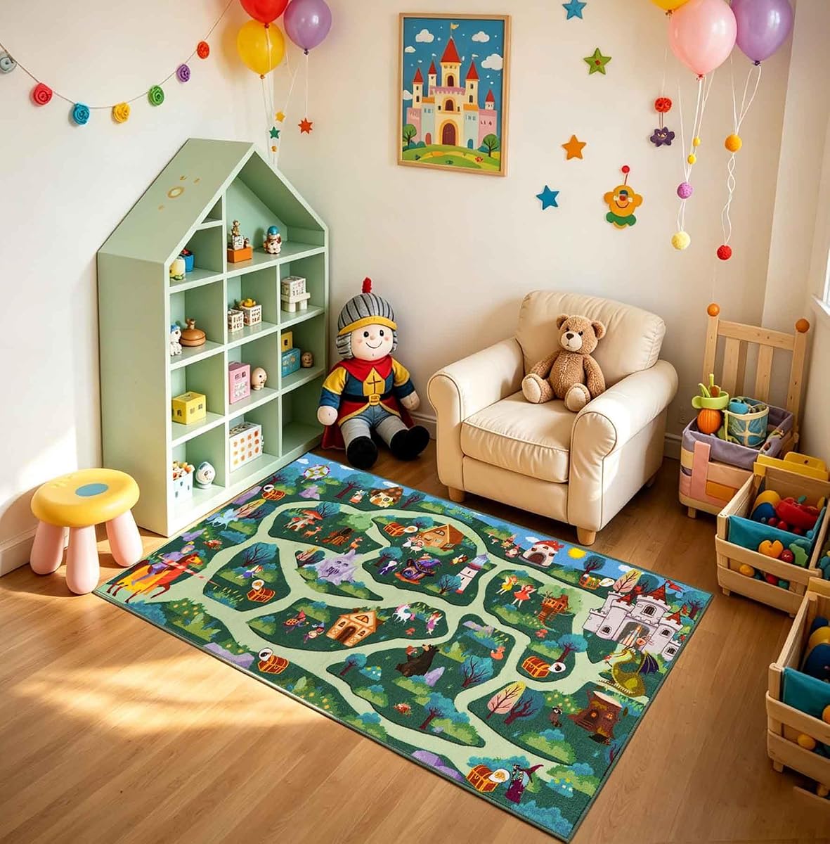 Kids Playroom Rug, Fantasy Forest Adventure Play Rug with Roads | Washable Non Slip Carpet for Boys Girls Bedroom (60" x 32", Green)