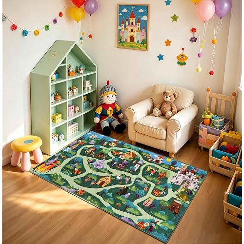 LIVEBOX Kids Playroom Rug, Fantasy Forest Adventure Play Rug with Roads | Washable Non Slip Carpet for Boys Girls Bedroom (60" x 32", Green)