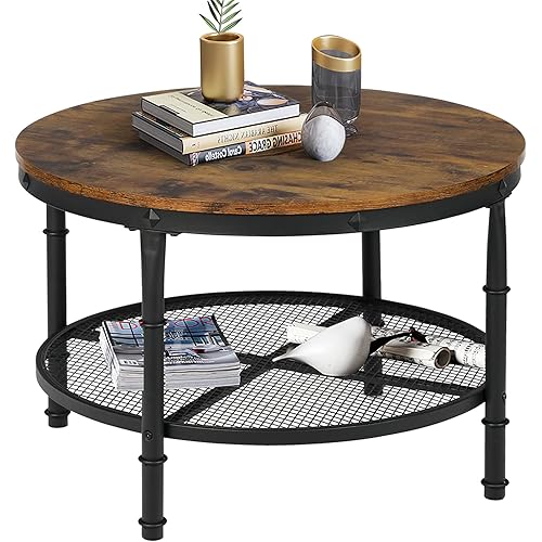 STHOUYN Small Round Coffee Table with Storage, Rustic Center Table for Living Room, Wood Surface Top & Metal Legs & Open 2-Tier Shelf, Save Space, Brown
