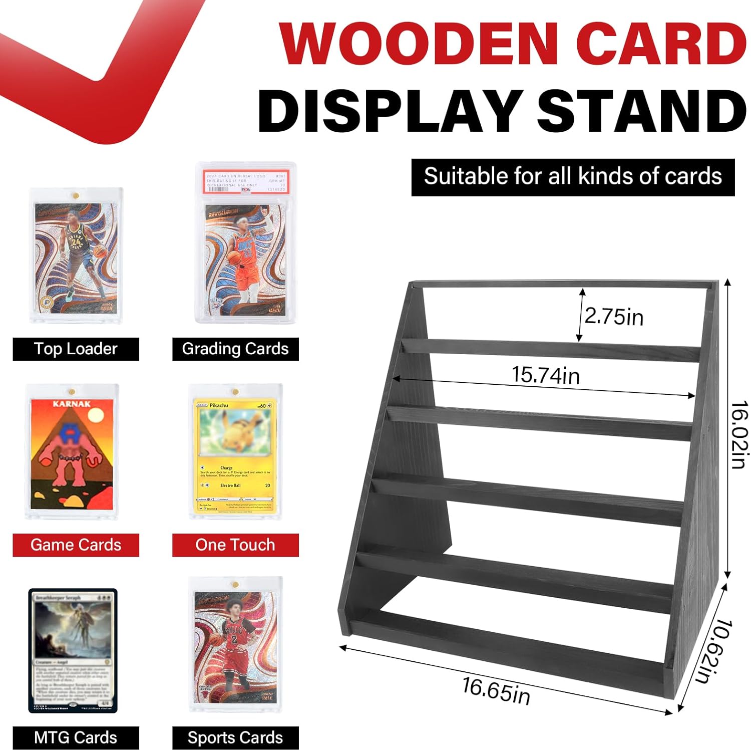 5-Tier Card Display Stand,Wood Trading Card Display for Graded Cards,Sports Card Display Case for PSA CGC SGC BGS Slabs - Large Capacity Graded Card Display for Collectors (Black)