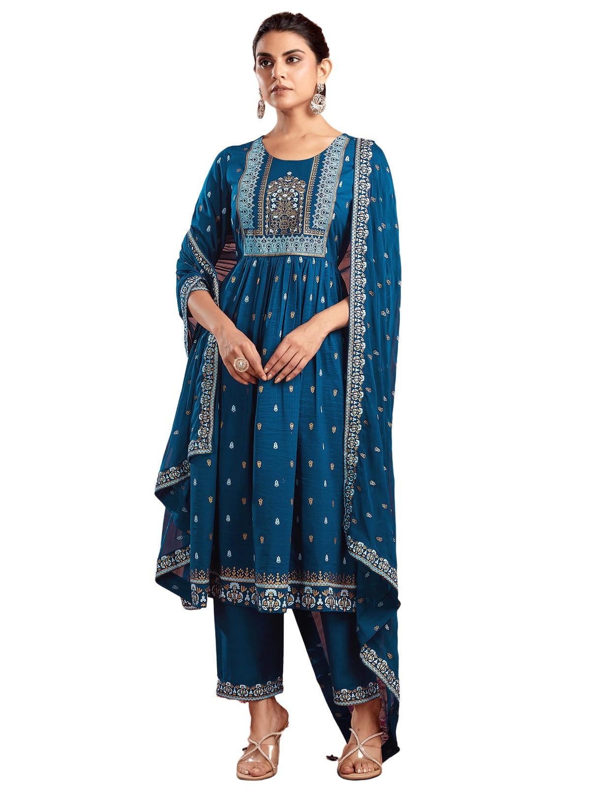 Sanisa Women's Chinnon Pigment & Foil Printed Anarkali Kurta With Pant And Dupatta Set (66Kbd758N-Xxl_Rama Blue)