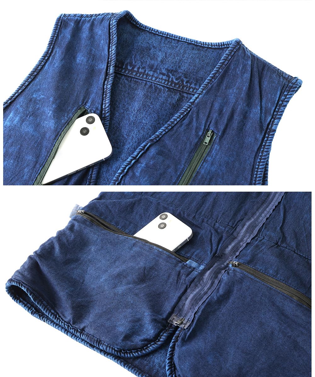 Herren Retro Jeans Weste Motorrad Weste Vintage Kutte Jeansweste Ärmellos Jeans Jacke Denim Weste mit Vielen Taschen