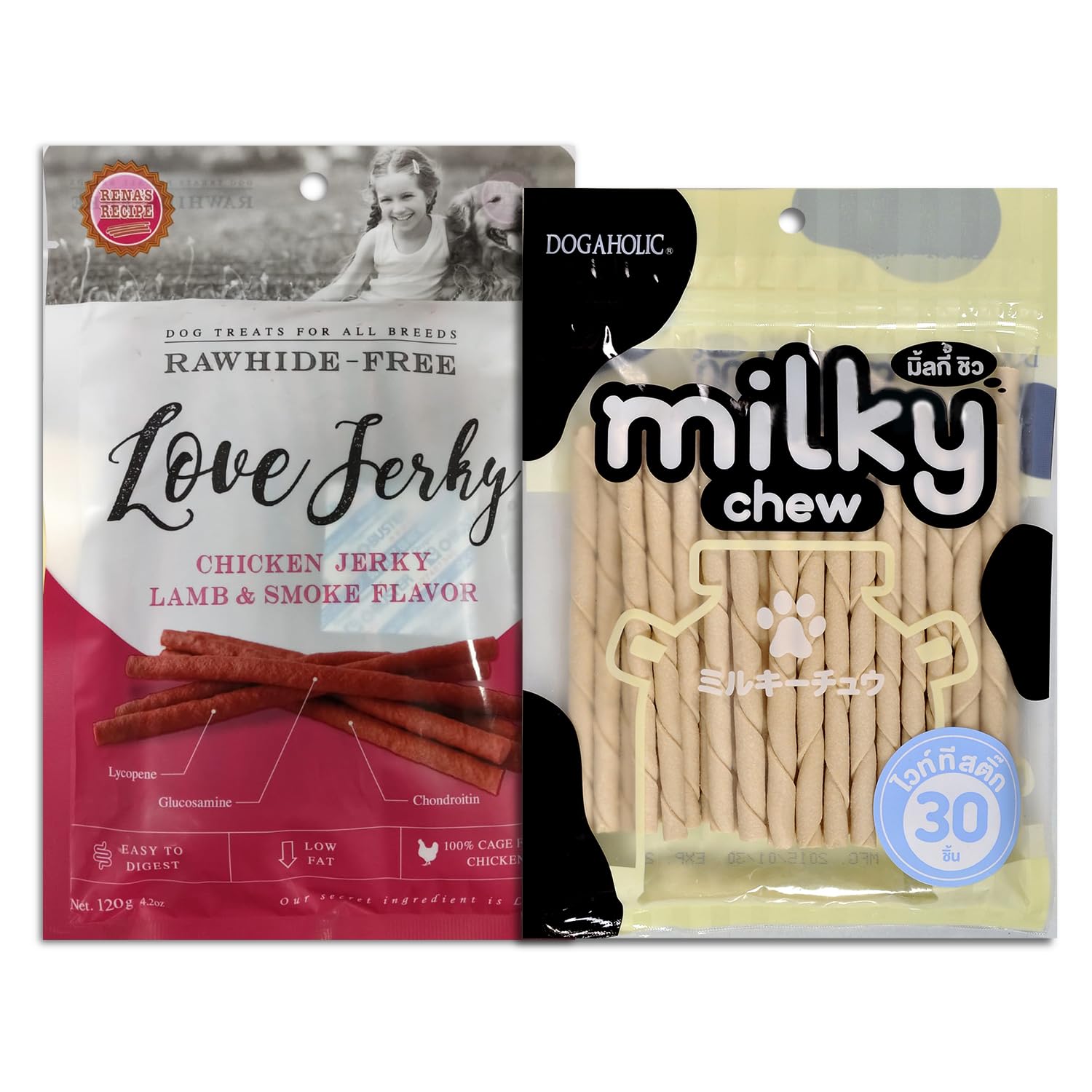Combo of: - Dogaholic Milky Chew Dog Treats - Stick Style | Promotes Healthy Teeth and Gums (30 Pieces) with Love Jerky Lamb and Smoke Dog Treats - 120g (B0B5VBD78R) Amazon Price History, Amazon Price Tracker