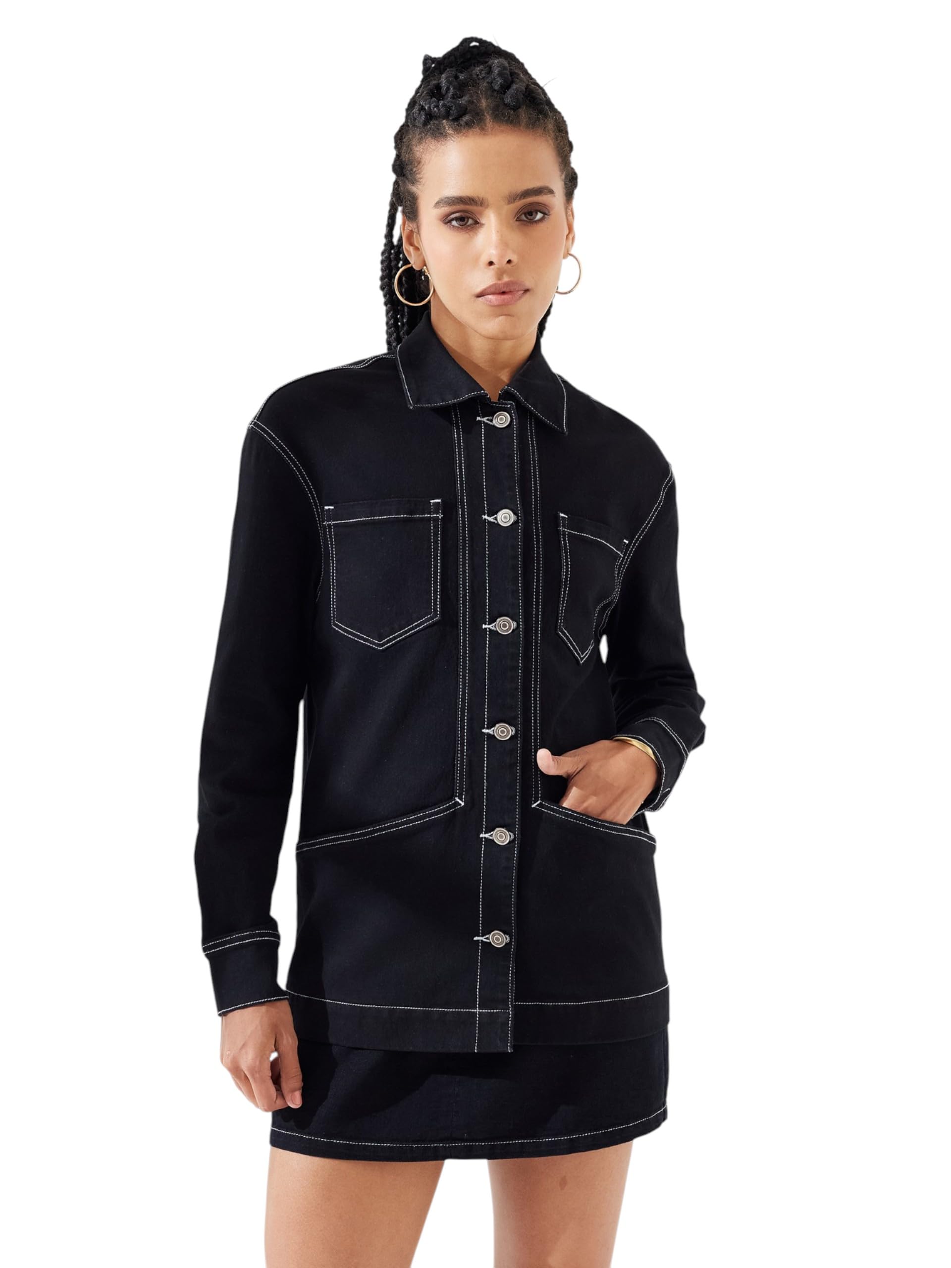 dolce crudo Women's Shirt Collar Full Sleeve Panelled Contrast Stitch Oversized Denim Jacket-picture-22