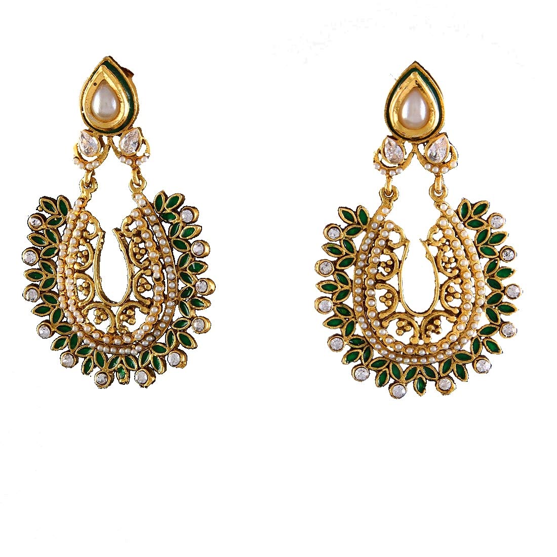 Pendientes Chandbali mujer con perlas y gema esmeralda estilo indio 3