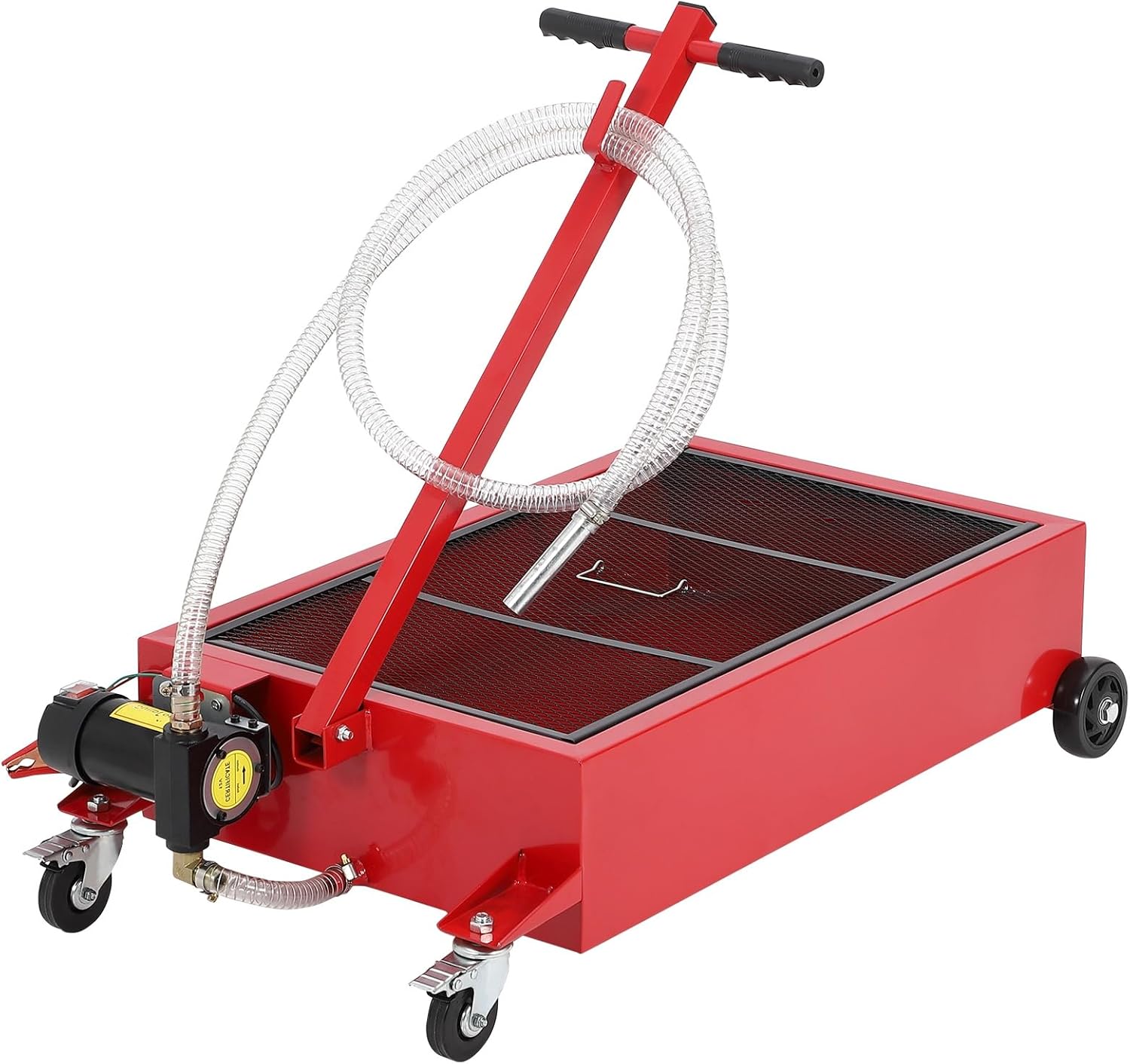 20GAL Oil Drain Pan with Electric Pump, 12V Oil Change Pan Metal with 8FT Hose & Folding Handle for Cars, SUVs, Trucks, Buses, RVs, Red