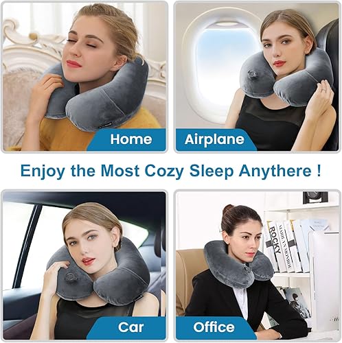 Miniatura 5 de Almohada inflable para el cuello de viaje, almohada de apoyo de cuello plano súper suave para viajes, soporte de sueño Ariplane, almohada ajustable