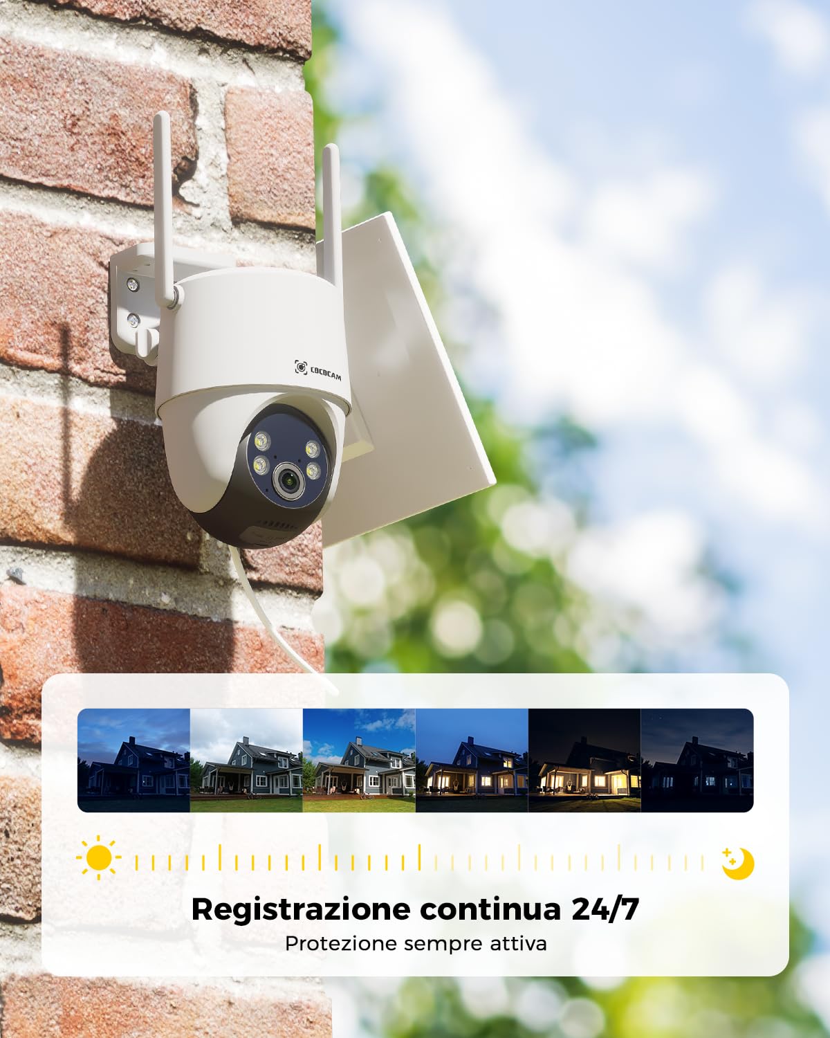 COCOCAM 24/7 Registrazione AOV Telecamera Wi-Fi Esterno Senza Fili | Solare con Batteria 10000mAh Pannello Solare 8W, 2K PTZ, Rilevamento AI, Tracking AI, Visione Notturna 30 Metri, IP66