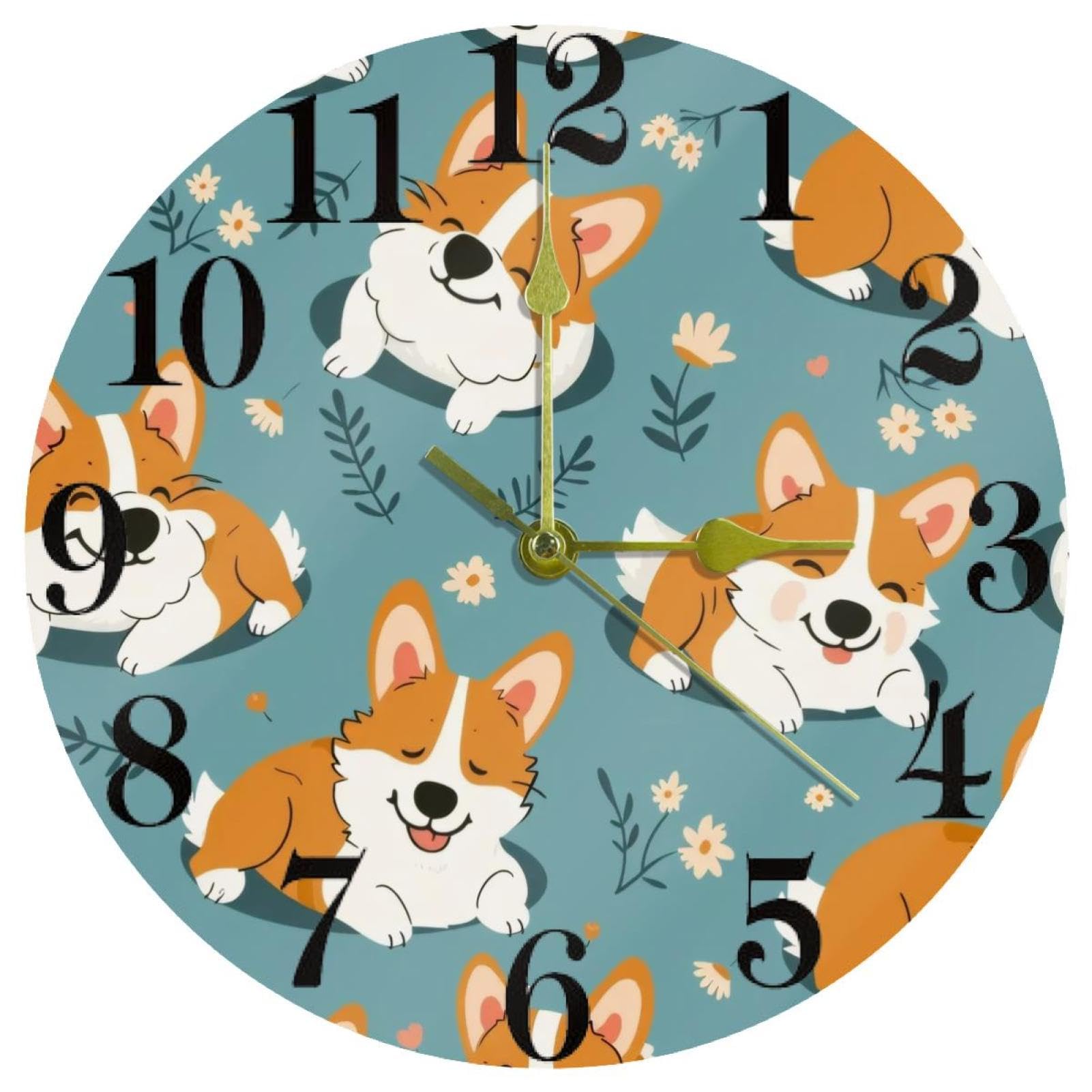 Horloge murale silencieuse à quartz sans tic-tac Happy Corgi