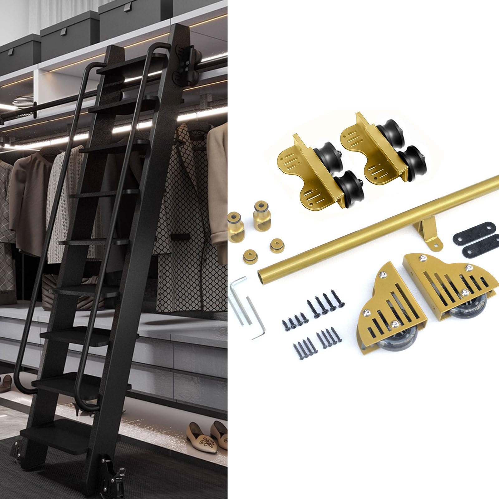 MRVAKDYDI Retractable Rolling Library Ladder Rails Kit, Sliding Library Ladder Hardware Kit 3.3-24ft Steel Brake Casters Rolling Walk-in Closet(19.7ft/600cm Track kit)