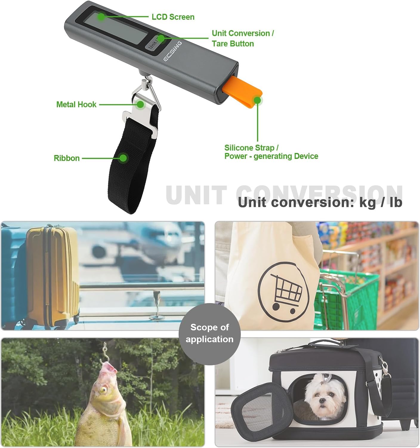 ECSiNG Portable Luggage Scale Battery Free - Digital & Backlit LCD Display, Luggage Weight Scale, 110 lbs/50 kg, For Travel, Airplane, Shipping, Shopping, Outdoor