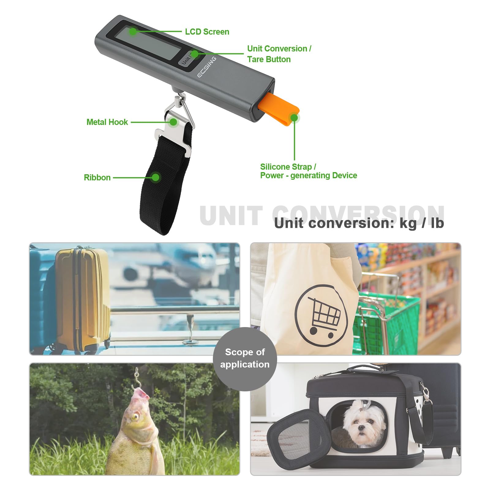 ECSiNG Balance à Bagages Portable sans Pile - Écran LCD Numérique Rétroéclairé Pèse-bagages Portable 50 Kg pour Voyage Avion Et Expédition