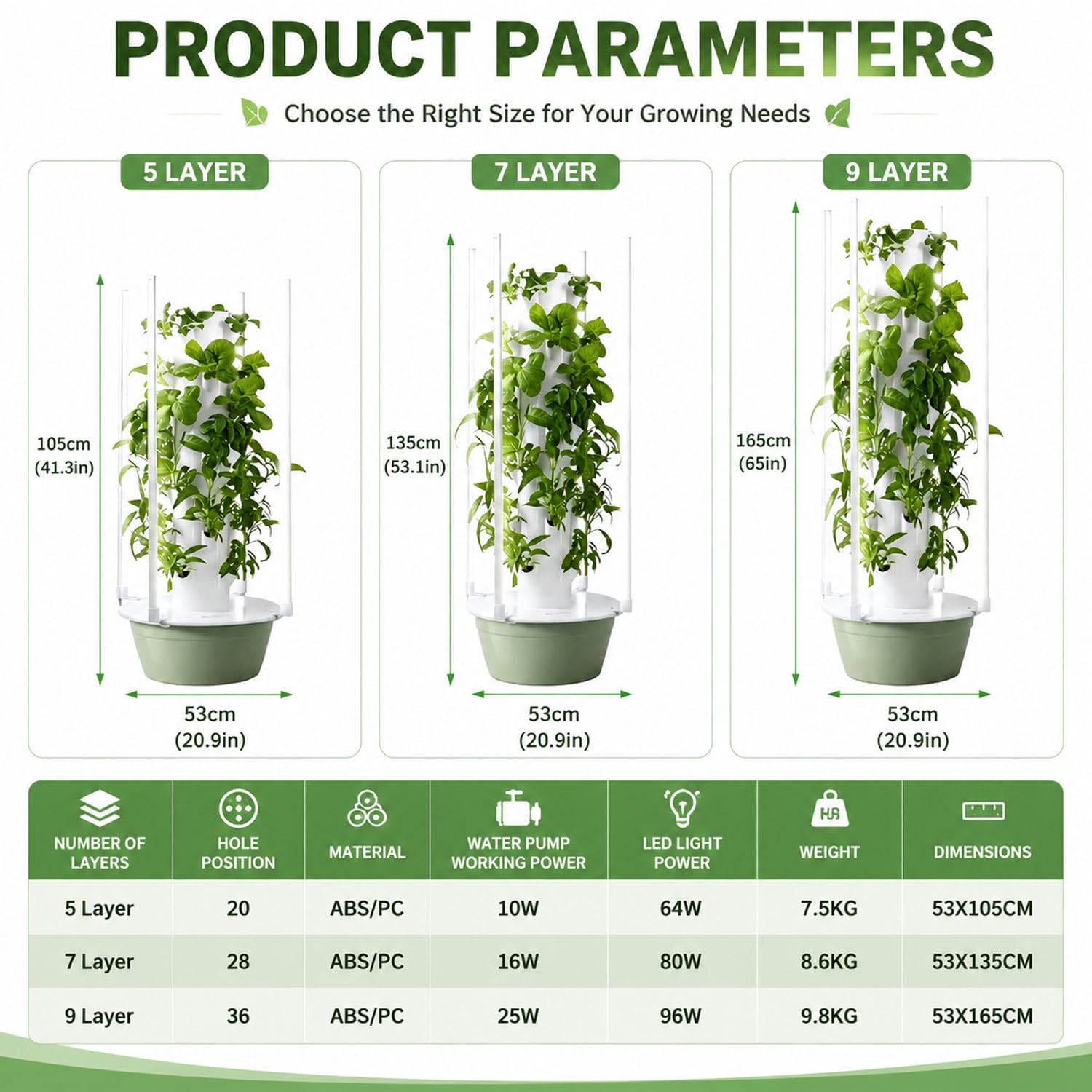 Kit de Torre de Cultivo hidropónico con luz LED 5layers | Torre de cultivo interior con bomba de agua automática y temporizador para cultivar fácilmente verduras y hierbas en casa.