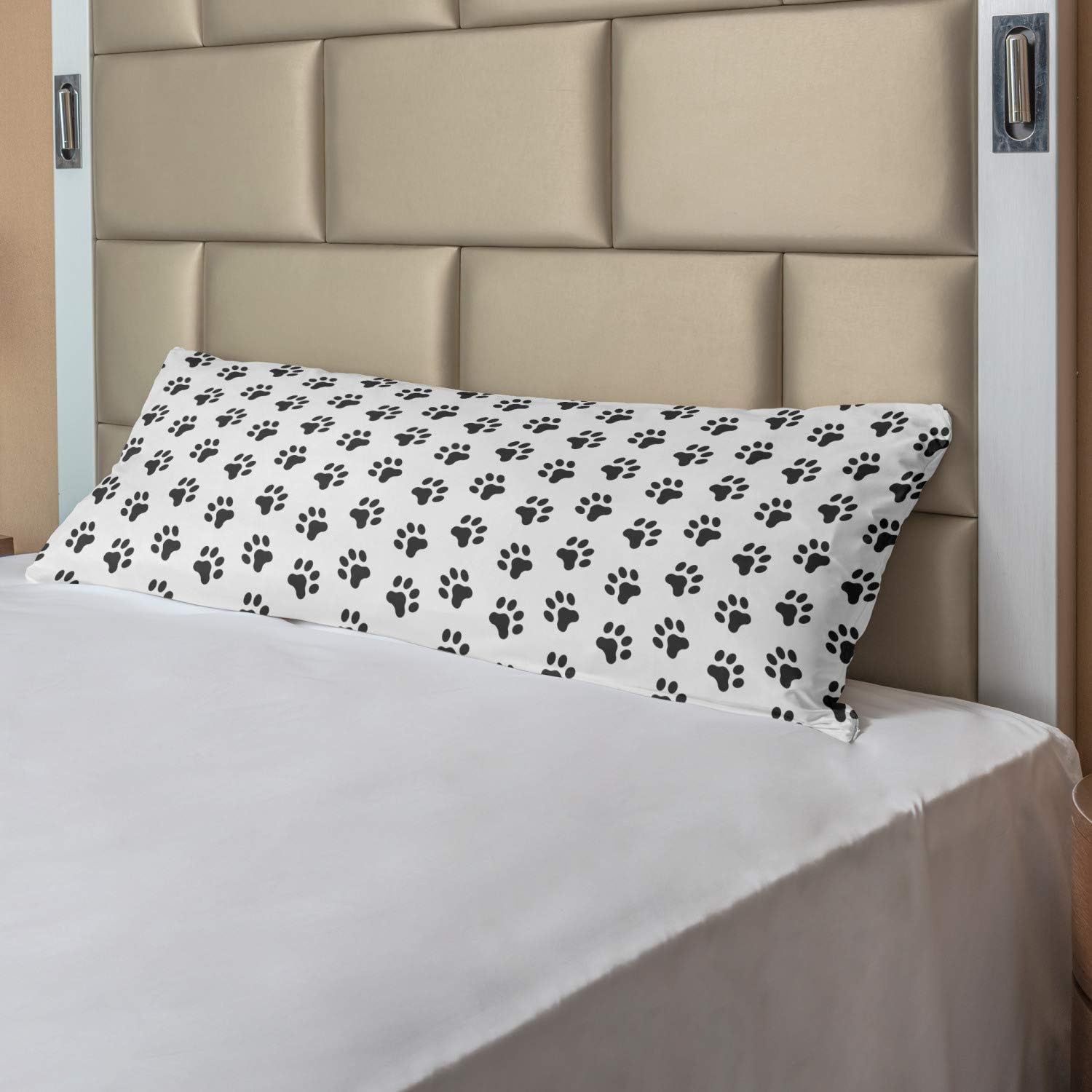 Ambesonne Paw Print Body Pillow Case Cover with Zipper, Puppy Kitten Dog and Cat Themed Repetitive Pet Foot's Stains Concept, Decorative Accent Long Pillowcase, 21" x 54", Grey White