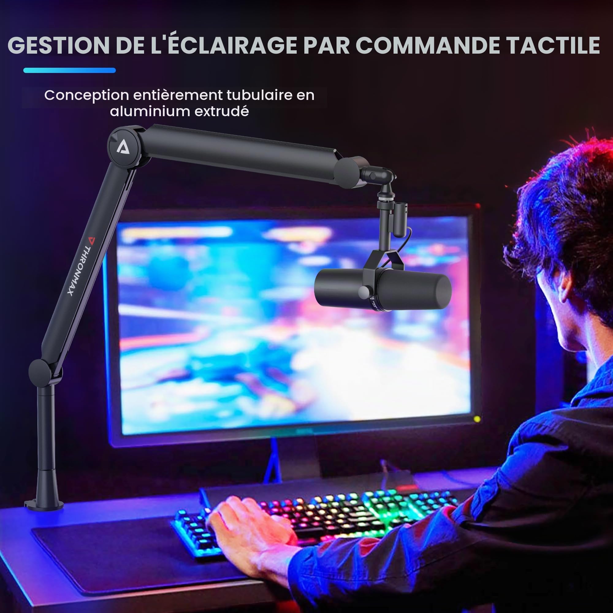 Thronmax-S8 Bras Micros, Supports pour Micros Réglable rotatif à 360 °, Pied de microphone à Ciseaux avec Câble Intégré en acier inoxydable pour Blu Yeti, 1/4“，3/8" to 5/8" Universelle