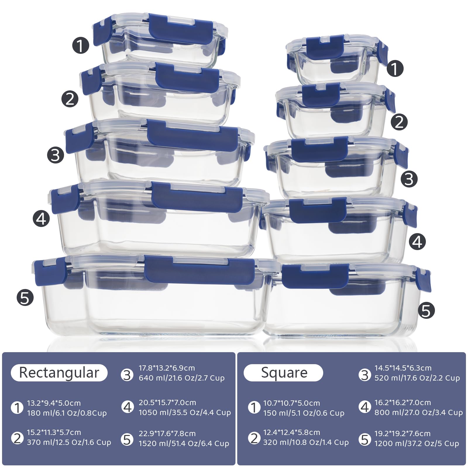 Juego de recipientes de cristal, recipientes de almacenamiento para alimentos frescos de cristal, recipientes de almacenamiento para cocina y restaurante con tapas de plástico premium, herméticos, a