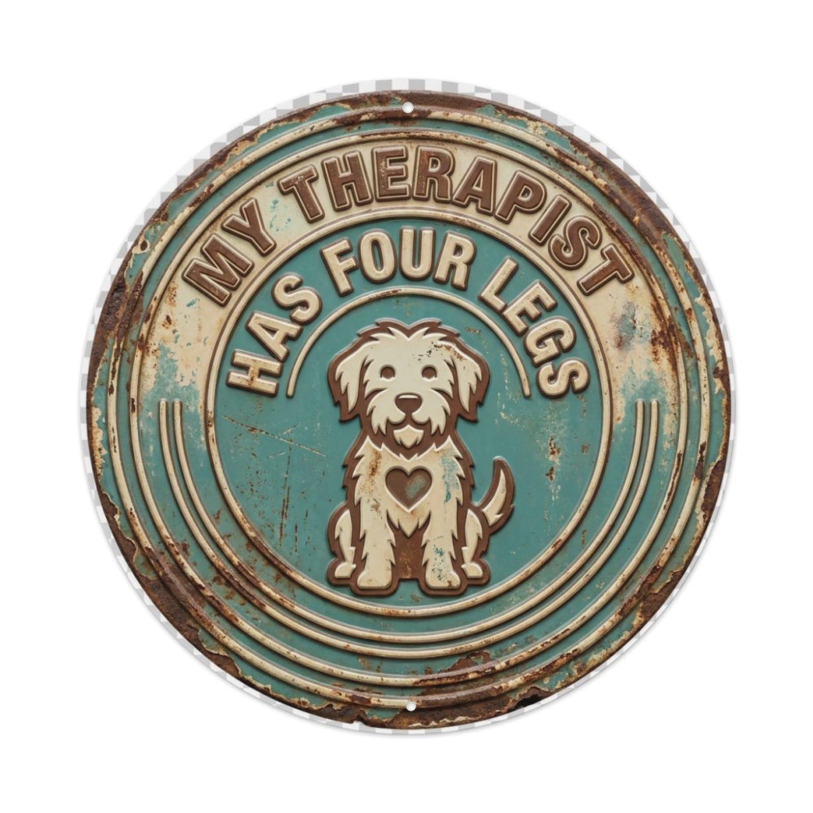Therapist Has Four Legs Woof Metal Tin Sign Plaque Wall Decor for Cafe, Club Bar, Office, Home Garden Round Metal Poster 8x8Inch