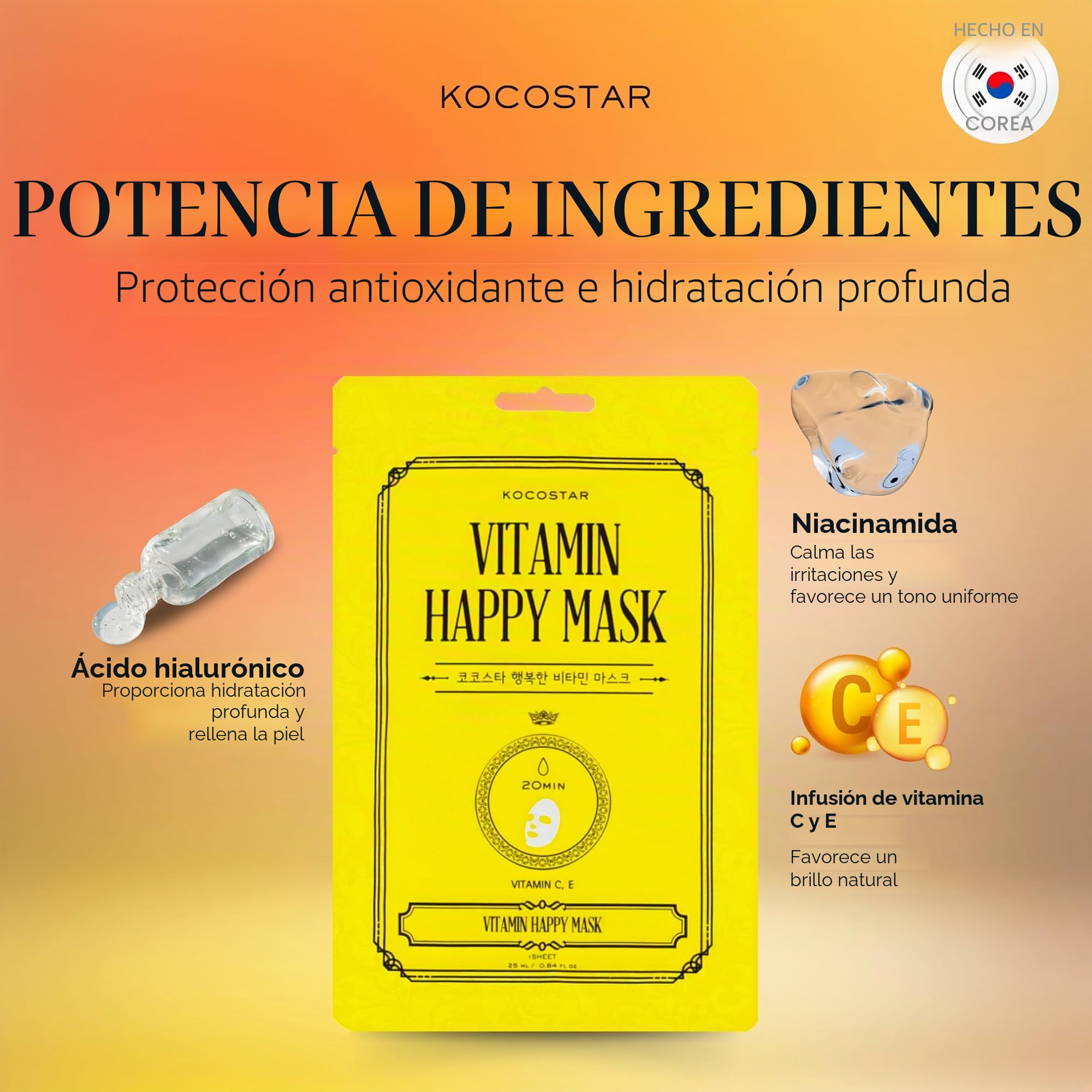 Kocostar I Caja 10 Unidades Vitamin Happy Mask I Mascarilla Facial Coreana I Con Vitaminas C y E y Antioxidantes I Protege Contra Radicales Libres y Fotoenvejecimiento