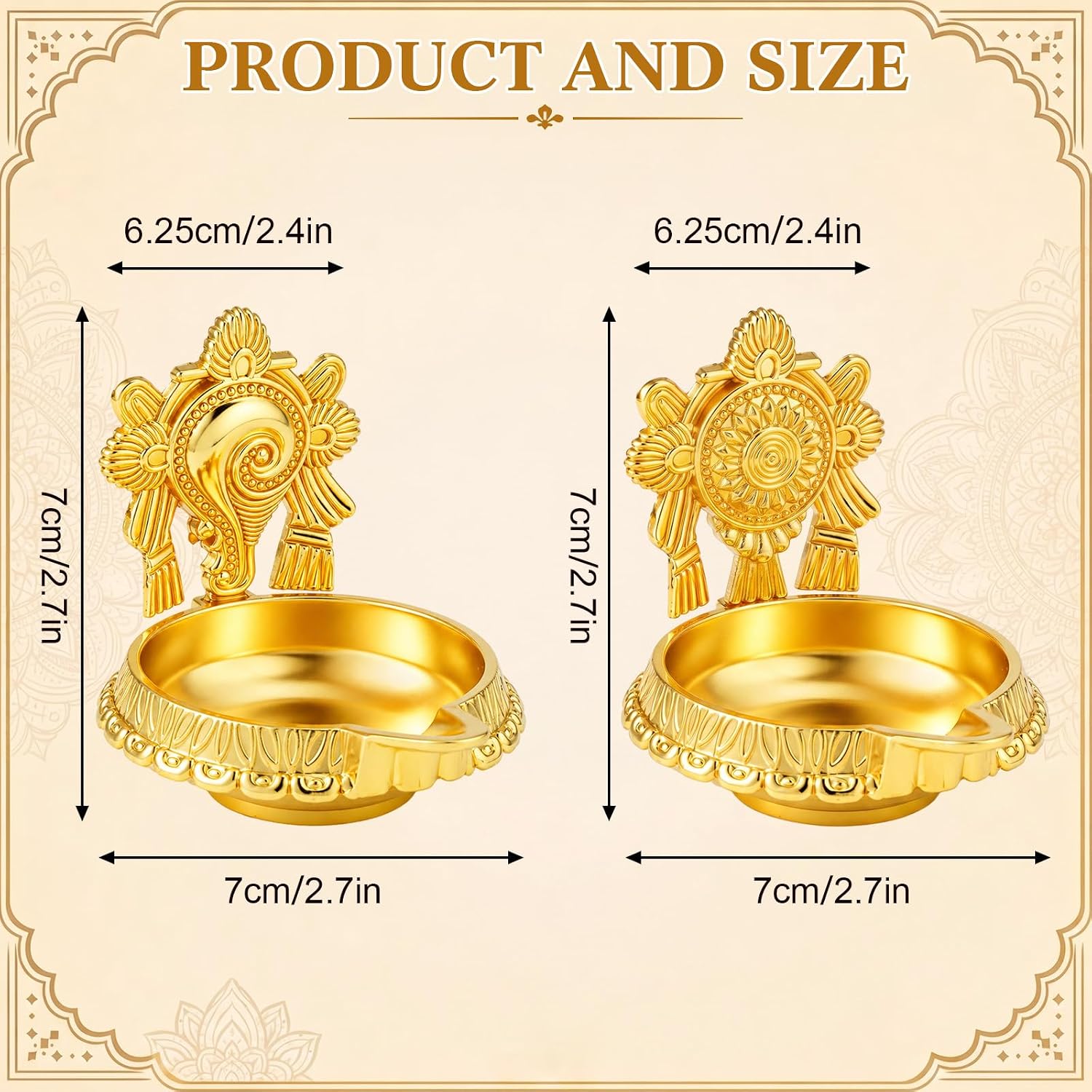 2 Pcs Brass Diya for Pooja Indian Diwali Aarti Shanku Chakra Oil Lamp