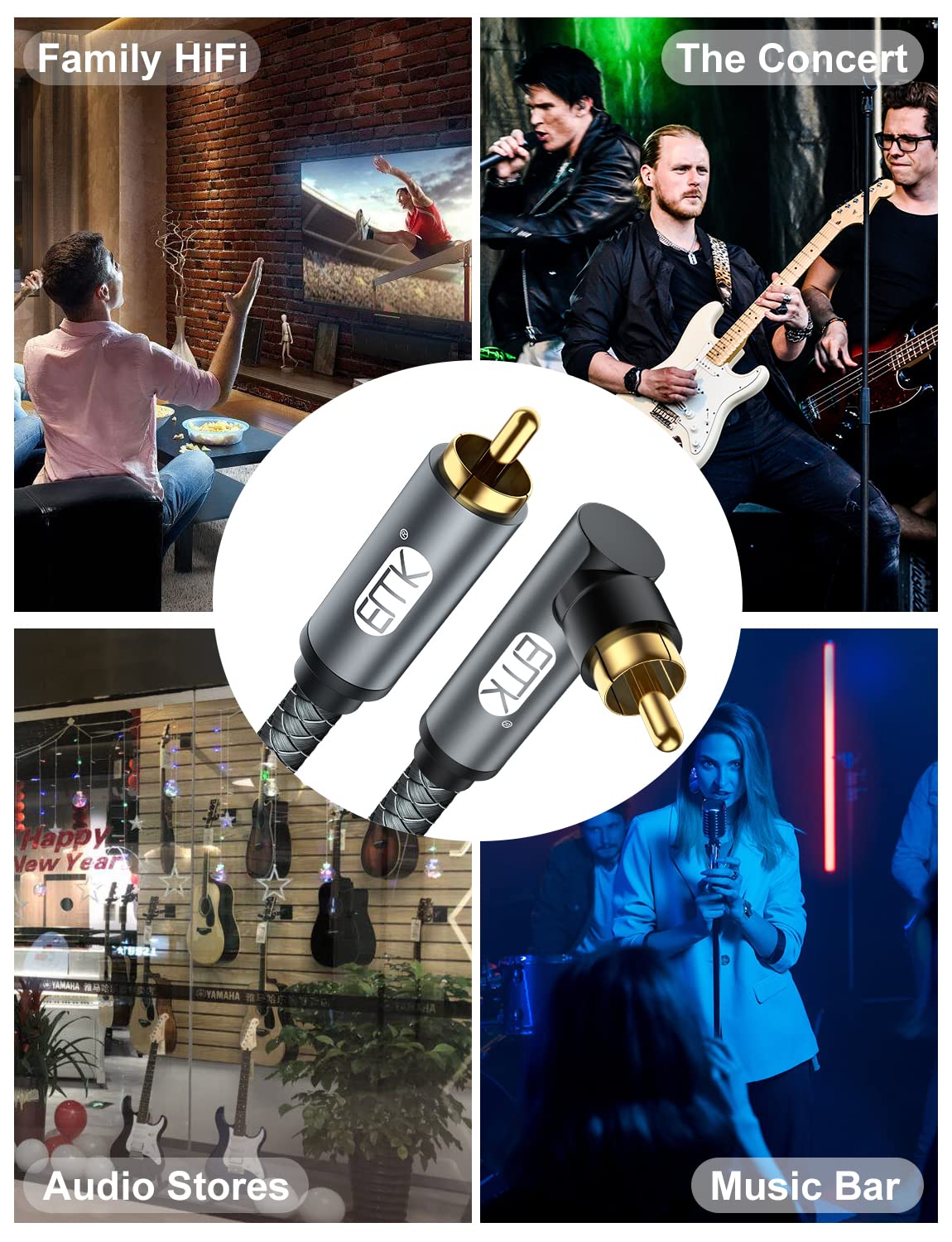 EMK Cable de subwoofer, Cable coaxial digital Cinch Cable de audio chapado en oro RCA para subwoofer, receptor AV, amplificador, cine en casa (90 grados RCA Cable, 3M) — view 7