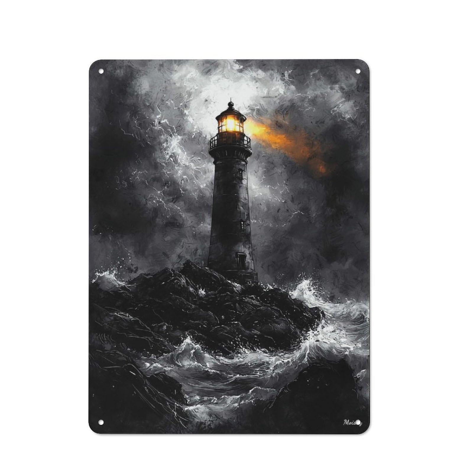 Junmoney Stormy Lighthouse In Dramatic Monochrome Styl E Tin Sign 40X30cm For Café Or Home Bar, Retro Wall Decor, For Garage, Workshop And Man Cave Decoration