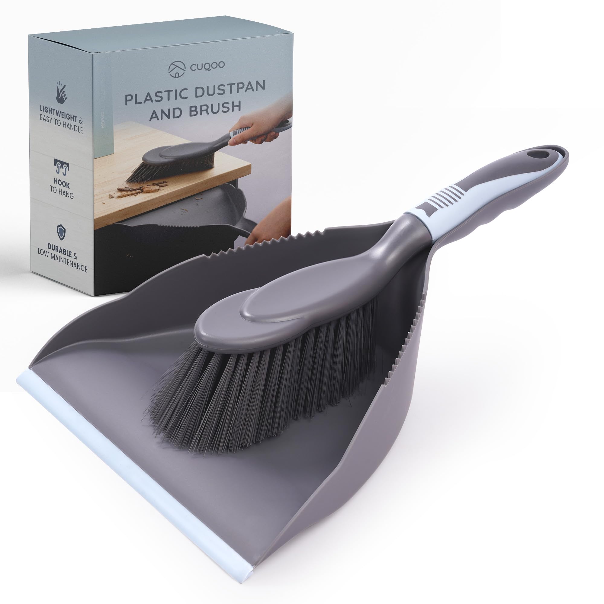 CUQOO Plastic Dustpan and Brush Set – Compact Hand Brush and Dust Pan for Home Cleaning with Easy Grip Handle, Firm Bristles and Corrugated Edge