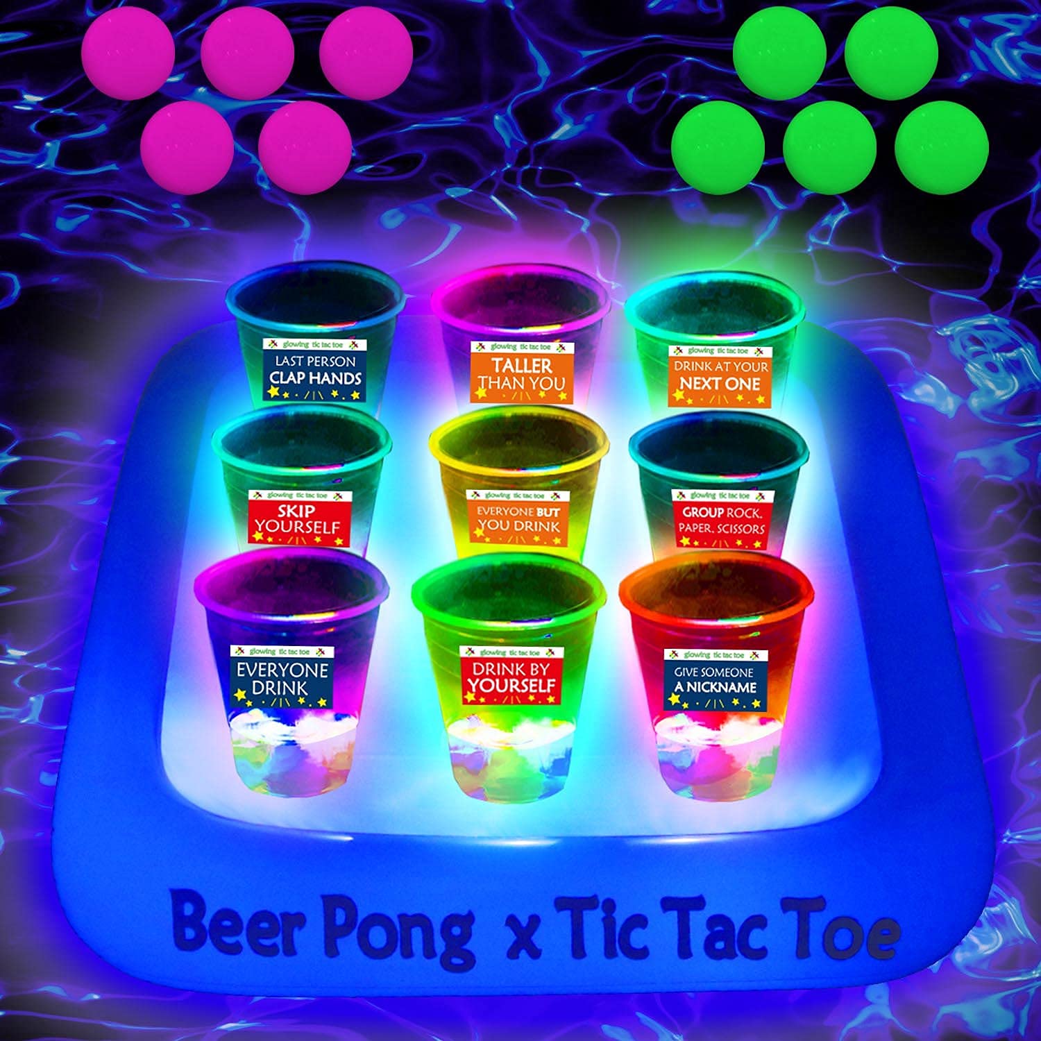 Estante flotante de 23 x 23 pulgadas para fiesta en la piscina, balsas flotantes de Tic Tac Toe, juego de fiesta de piscina, juego de bebida y soporte para bebidas, incluye 1 balsa, 9 tazas y 10 bolas 2