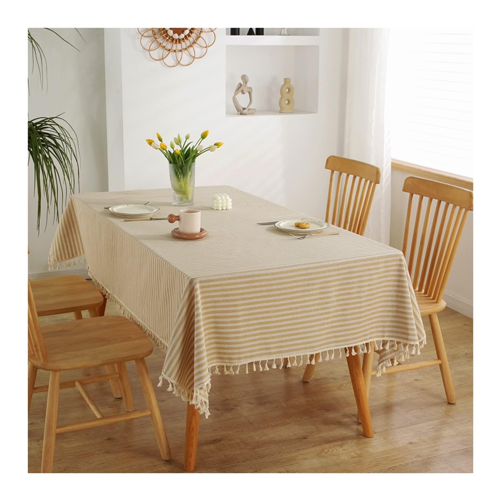 Daesar Mantel Mesa Rectangular Cocina,Mantel Poliéster Algodón Antimanchas Rayas con Borlas Mantel Color Caqui,140x180CM(71x55Inch)