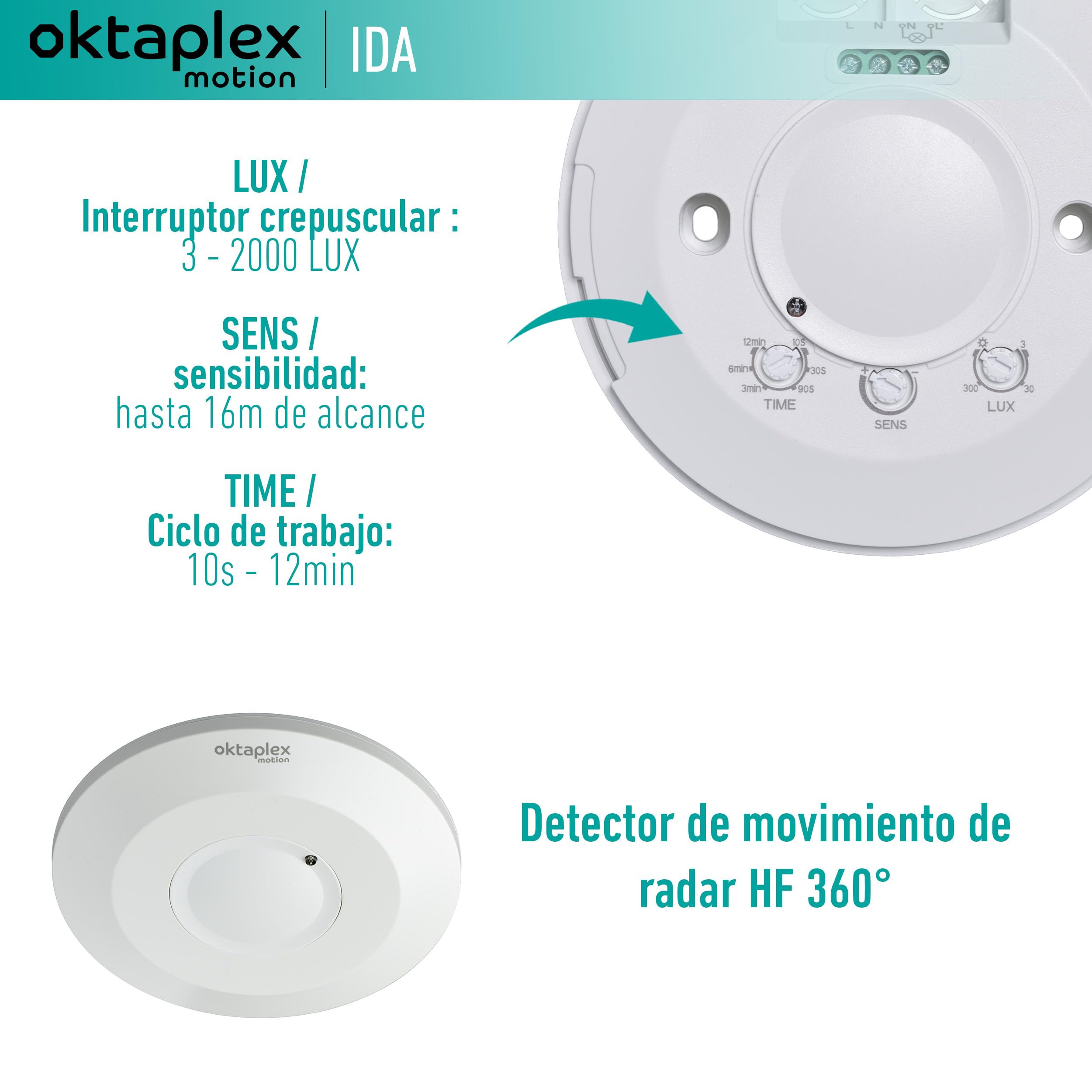 Oktaplex IDA Juego de 2 detectores de Movimiento de Techo Sensor de Alta frecuencia Plano 360° Alcance 2-16m Detector de Presencia 230V Blanco con Sensor crepuscular | Sensores de alta frecuencia 360° 2 a 16m 230V detectores de presencia blancos con senso