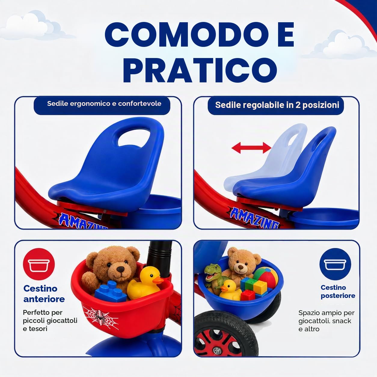 Triciclo a forma di ragno per bambini da 1 a 5 anni, bicicletta senza pedali con sedile regolabile e ampio cestino portaoggetti. Regalo perfetto per bambini e bambine da 1 a 5 anni.