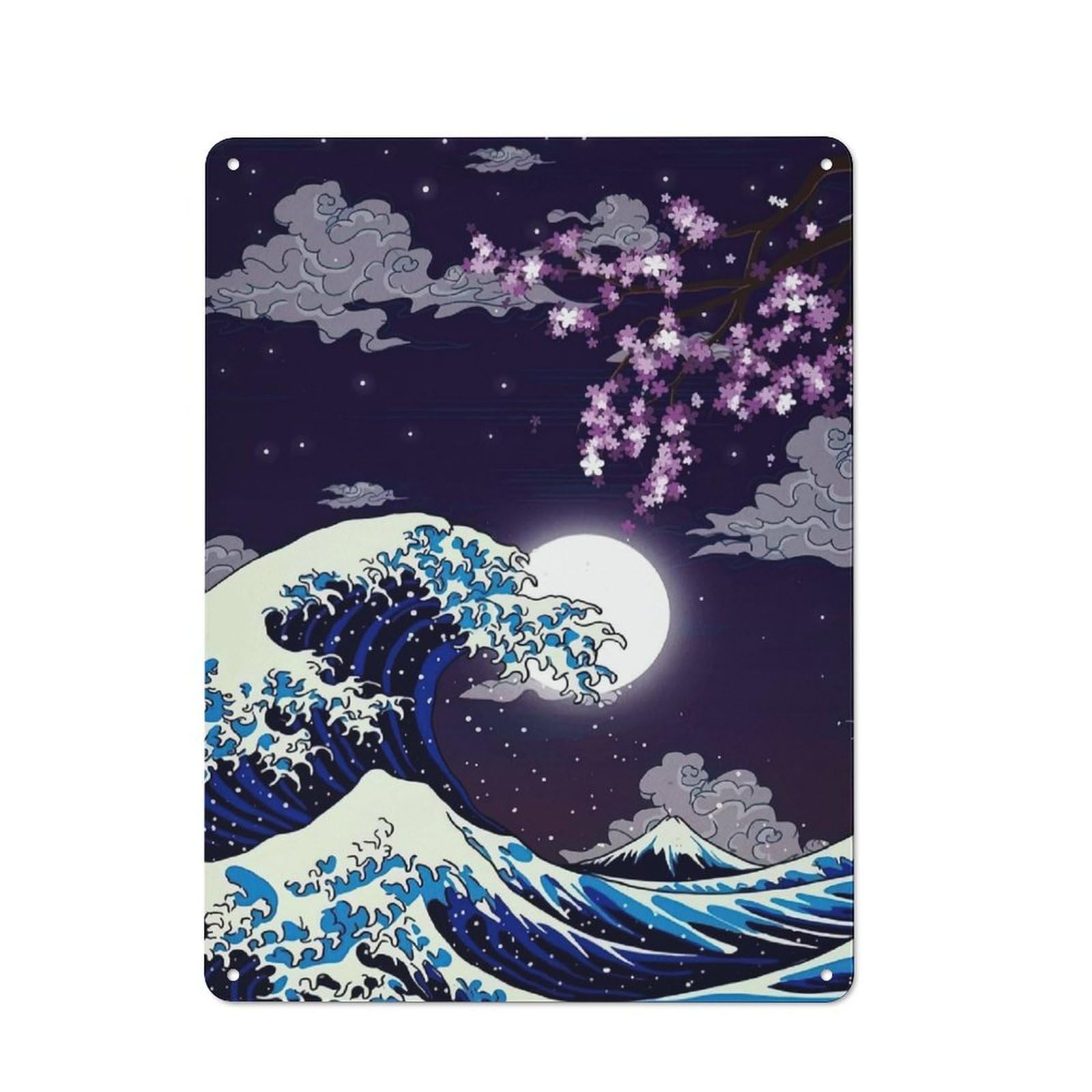 Junmoney Great Wave Cherry Blossom Night Urban Decorative Metal Plaque 40X30cm Featuring Loft Wall Plaque For Loft, Studio, Office Or Creative Room