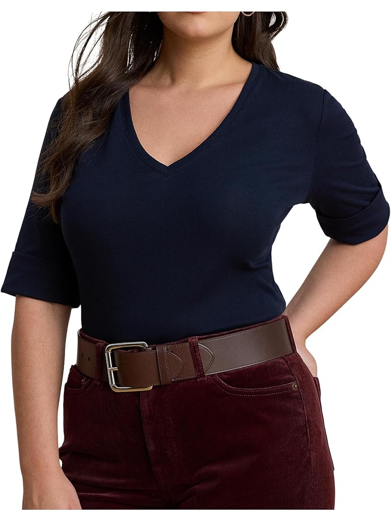 Black Lauren Ralph Lauren Plus Size Stretch Cotton Elbow-Sleeve V-Neck Tee