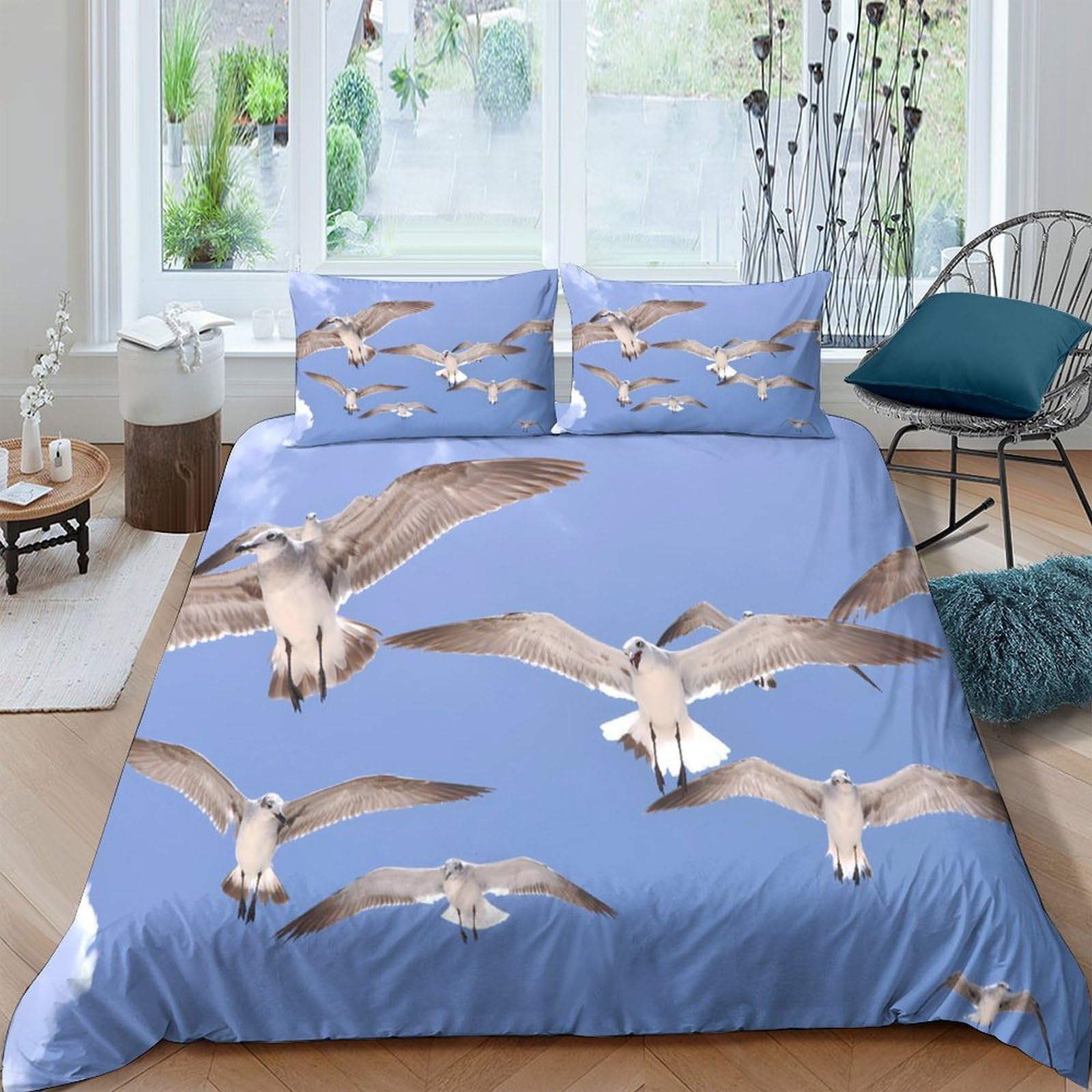 Ctjqhvkz Style-3 3D Printed Seagull Sky Fitted Sheet Microfiber Soft Blue Bird Mattress Cover Anti-Slip For Bedroom Dorm Guest Room Decor Single（135X200cm）