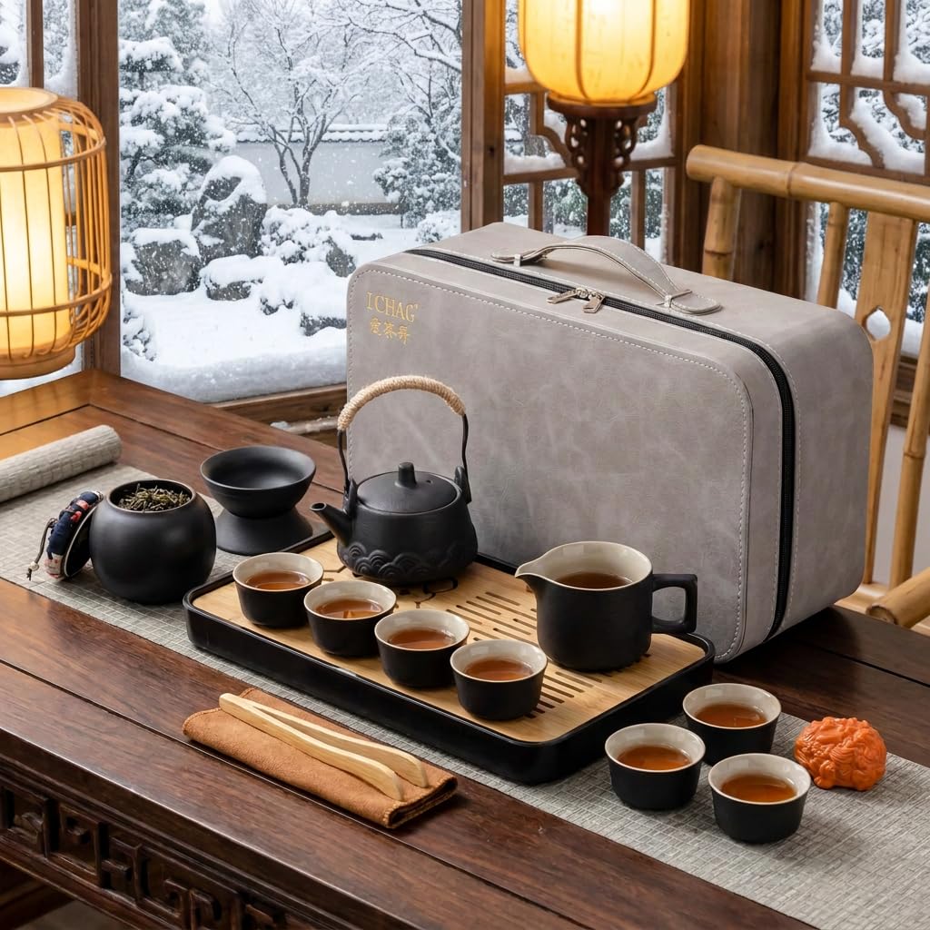 ICHAG Gongfu tea sets,Tea pet,Portable Ceramic TeaSet, Asian Tea sets for adult, Tea Gift sets, Grey leather case, Portable Travel Bag,Home,Gifting,Outdoor and Office