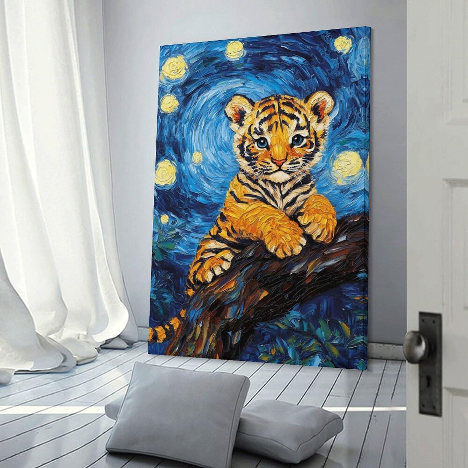 Junmoney Frame-Style-5 Tiger Cub In Starry Night Style Room Decor Wall Art 24X36inch(60X90cm), For Lounge Decor, Offices Or Entryway Styling, A Flexible Wall Accent For Shared Spaces