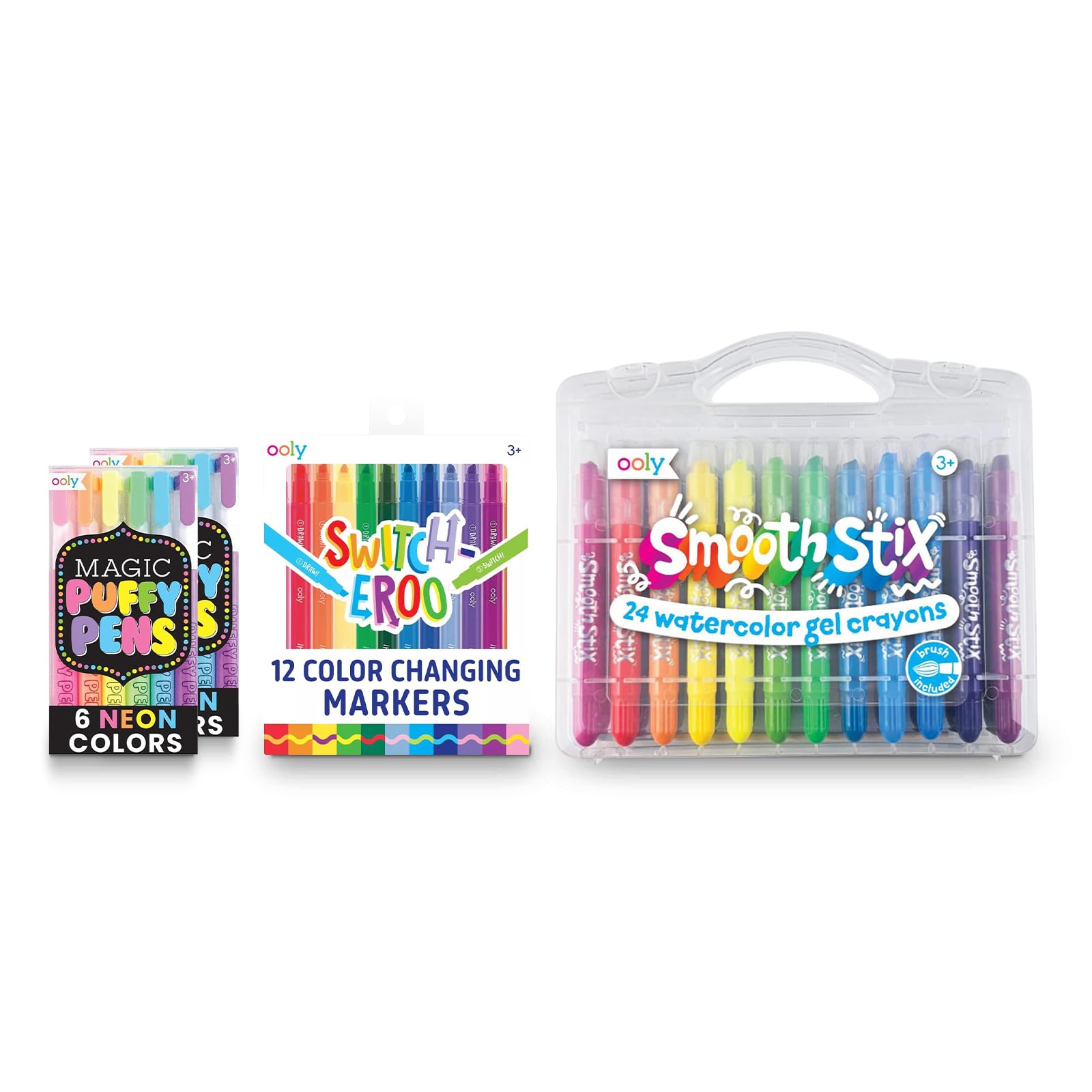 Magic Puffy Pens Neon Color Pens with 3D Ink (Pack of 2), Switch-eroo Double Sided Color Changing Markers in Vibrant Colors (Set of 12) & Gel Crayons with Paint Brush & Case (Set of 25)