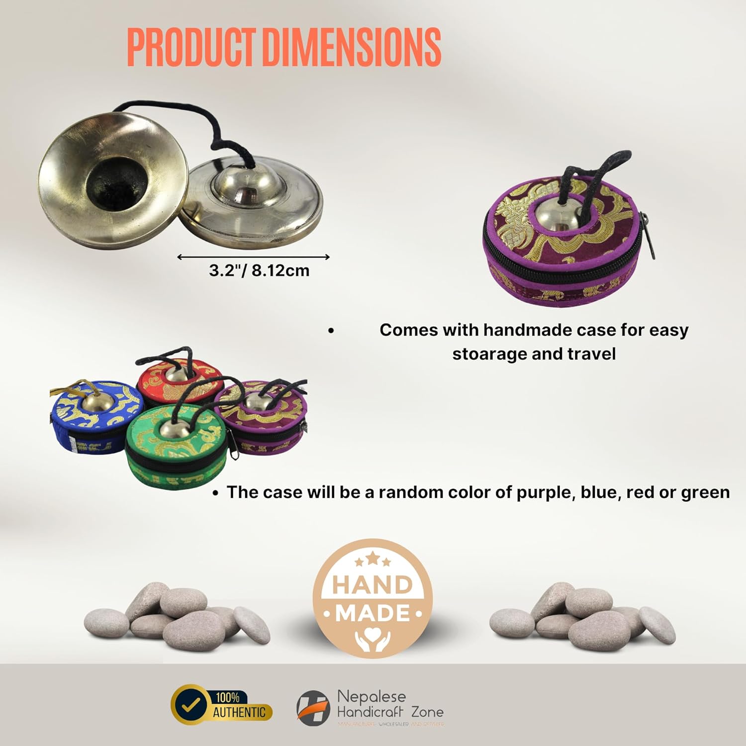 NHZ Tingsha Tibetan Meditation Bell/Finger Cymbals with free Silk Case (3.2" Golden Color Plain)