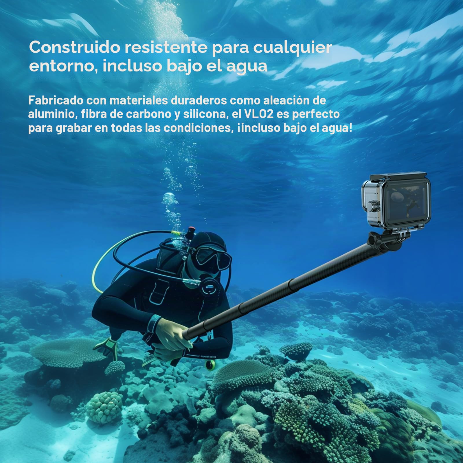 ULANZI VL02 - Palo Selfie de Fibra de Carbono para Insta360, 2.7 m para Cámara de Acción Go Pro/dji, Extensión de 1/4", Compatible con Diferentes Dispositivos, Longitud Ajustable, Grabación Submarina