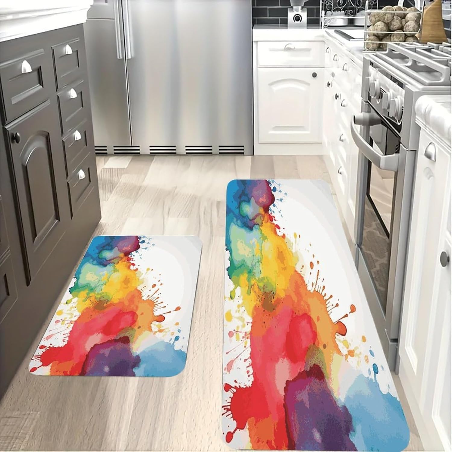 Stains of Watercolor Paint Splatters Kitchen Mat Kitchen Rug Set | Kitchen Rugs Flannel Velvety Washable breathable Water Absorbent Soft ，kitchen utensils for Kitchen, Floor,Laundry