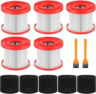 5-Pack 49-90-1900 Wet/Dry Vacuum Filters for Milwaukee 0780-20 0880-20 | Set: 5-Pack Filters with 5 Foam Sleeve Replacements and 2 Cleaning Brush, Washable and Reusable