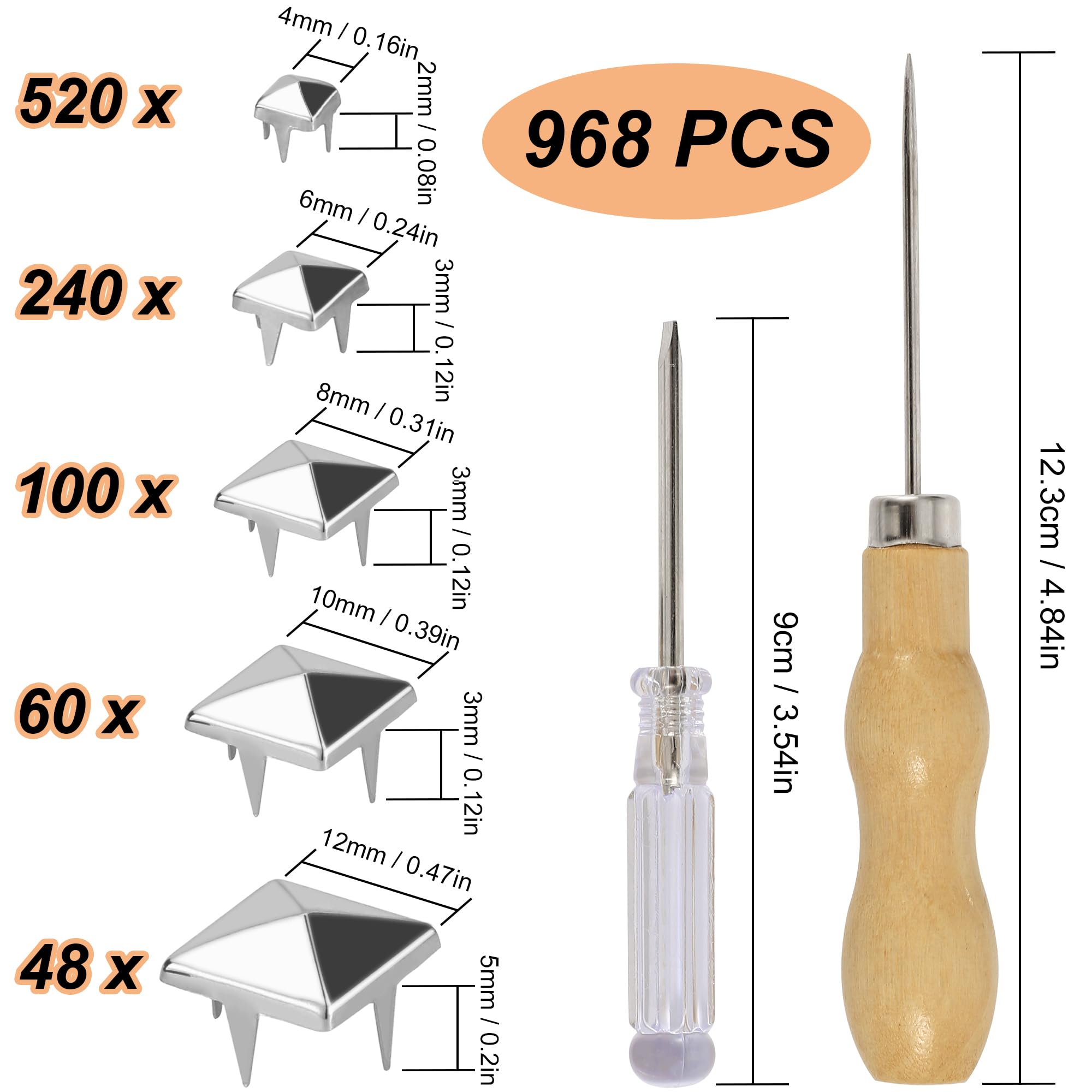 YORANYO 968 Pcs Assorted Sizes Square Pyramid Studs Prong Studs for Clothing Leather Rivet Kit Spikes and Studs for Leather Craft Clothing Belts Bags Shoes Bracelets Dog Collar Accessories (Silver)