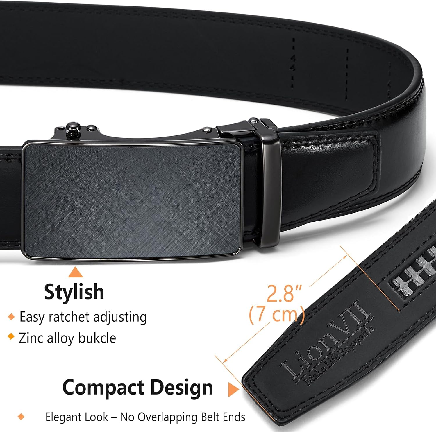 LionVII Mens Genuine Leather Belt, Ratchet Buckle, Trim to Fit 29-50" Waist