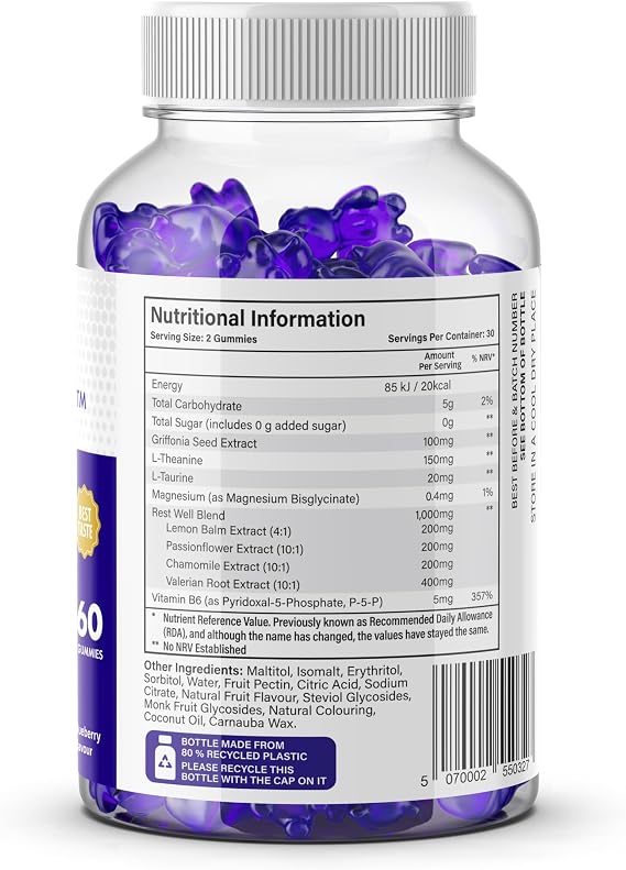 Complete Sleep Gummies – Magnesium Glycinate, L-Theanine, Valerian Root – Melatonin-Free Sleep Support – Calm Mind, Deep Sleep – Sugar-Free Vegan – 60 Gummies