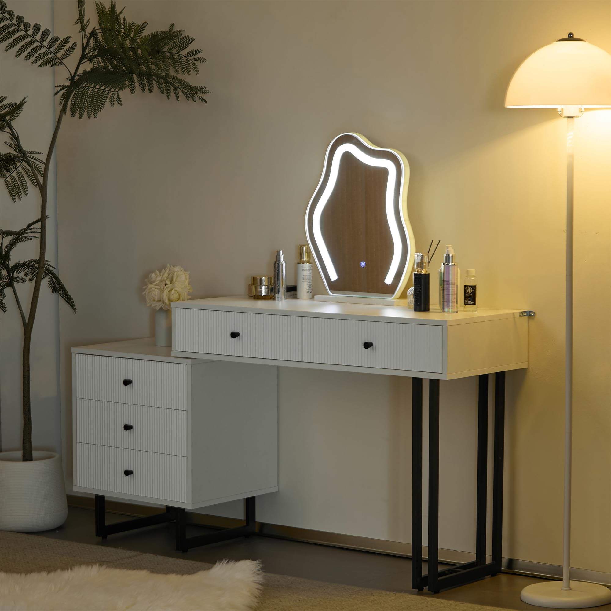 Toaletka 100 x 40 x 76 cm, biała – toaletka z lustrem LED i 5 szufladami, toaletka z funkcją ściemniania, elastyczny montaż, zabezpieczenie przed przewróceniem, do sypialni, garderoby