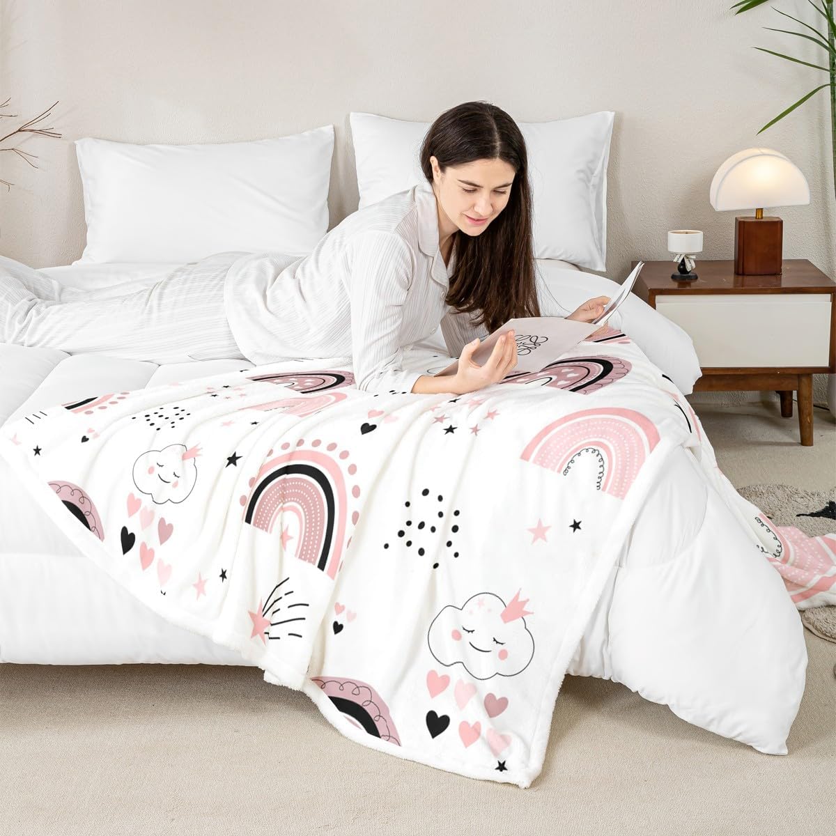 Feelyou Kids Pink Rainbow Fleece Throw Blanket Cute Rainbows Sherpa Blanket Boys Girls Kawaii Plush Blanket for Bed Sofa Couch Princess Teens Bedroom Decor Twin 60"x80"