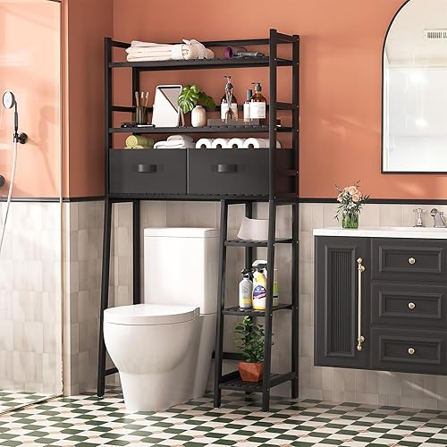 Miniatura 2 de Homykic Estante de almacenamiento sobre el inodoro con 2 cajones de tela, organizador de bambú sobre el inodoro con soporte para papel higiénico,