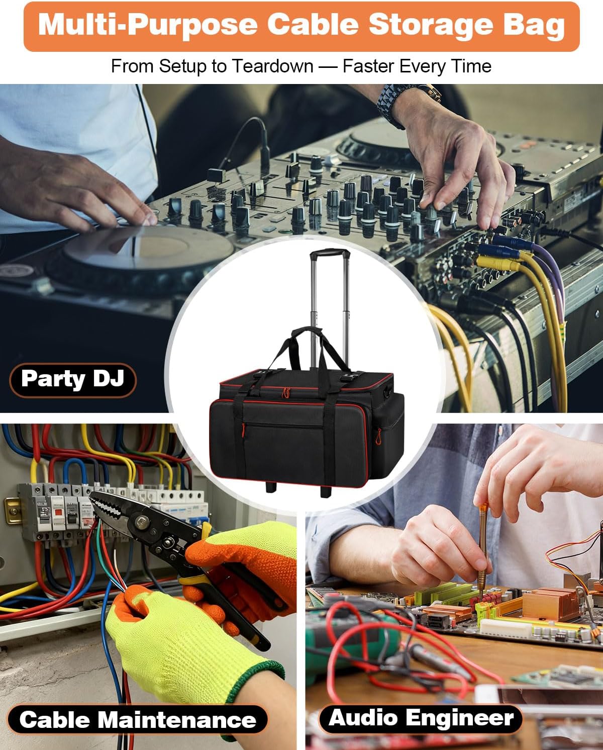 Large Rolling DJ Cable Bag with Laptop and Microphone Pocket DJ Equipment Bag with Detachable Dividers & Trolley, Padded Cable Organizer Bag, Waterproof Gig Bag for Professional DJ, Music Gear Travel