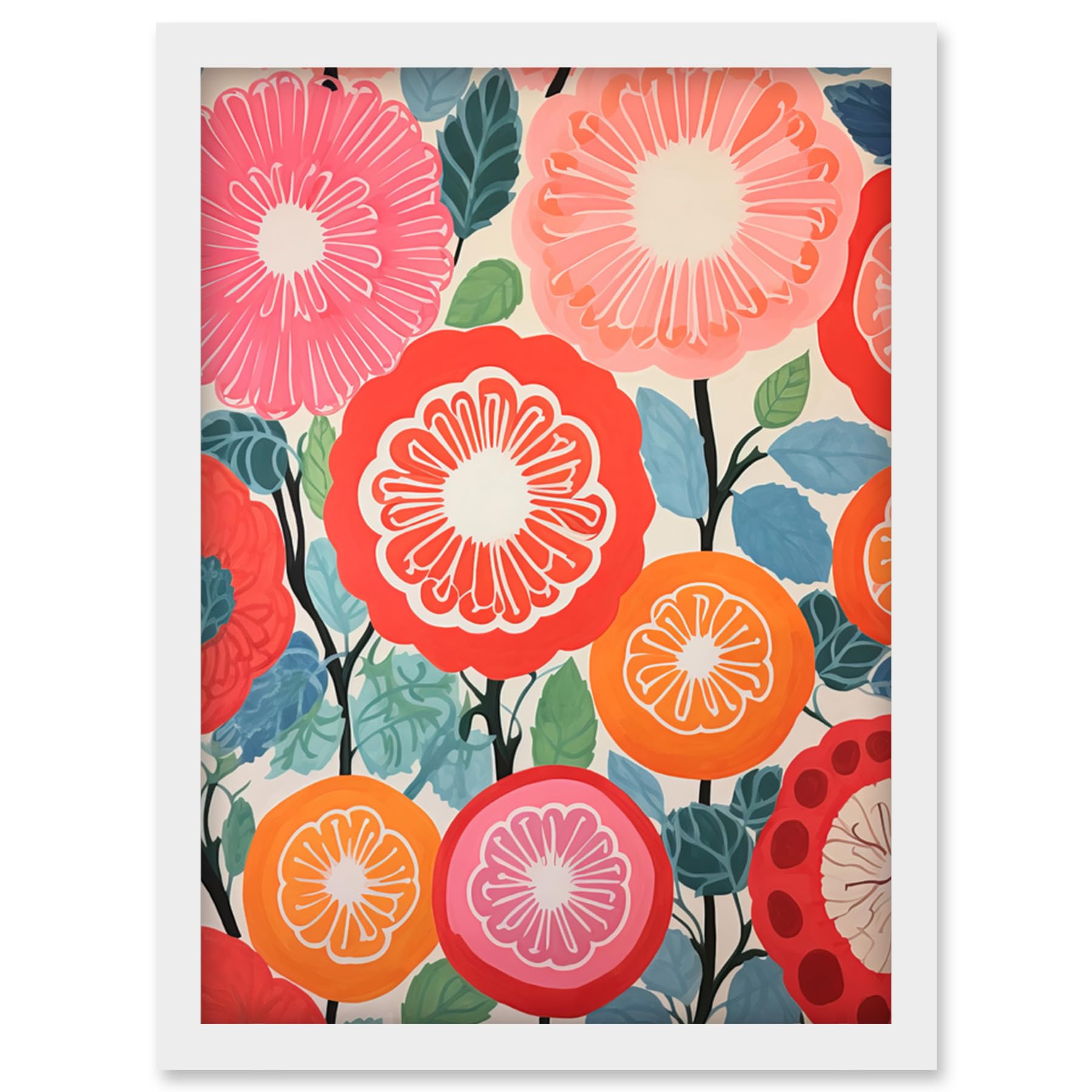 Artery8 Pomegranate Tree Flowers in Bloom Mediterranean Bright Floral Abstract Artwork Framed Wall Art Print A4