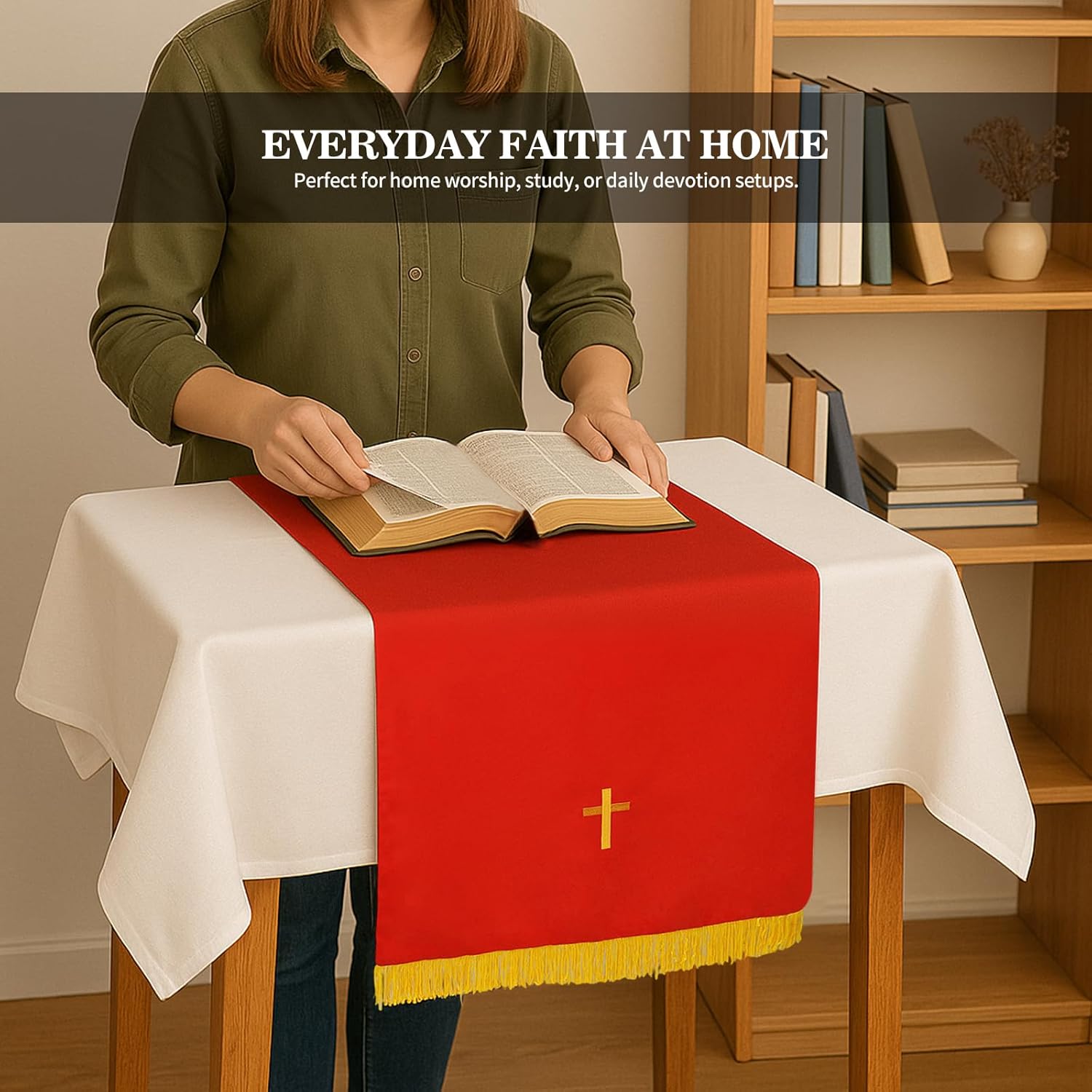 3 Pcs Reversible Parament Set Clergy Table Runner,Bookmark Pulpit Scarf and Gold Cross Church Pulpit Accessories, Catholic Altar Cloth Communion Sets for Churches (Red and White)