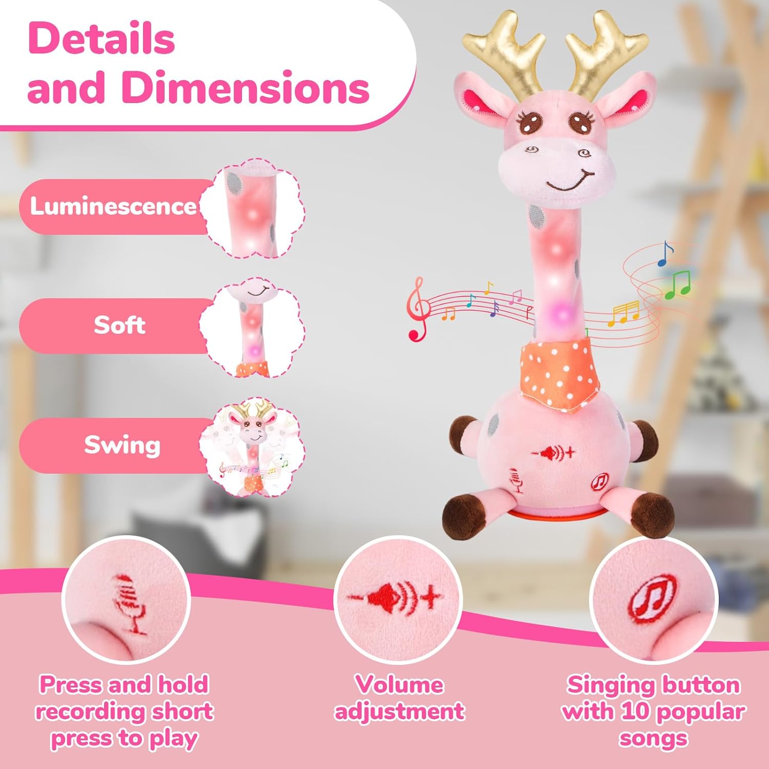 Dancing Giraffe Musical Plush Toy, Recording & Repeating Talking Giraffe Baby Toy for 6–12 Months, Interactive Singing Stuffed Animal, Birthday Gift for Grandkids Infants Toddlers(Pink)